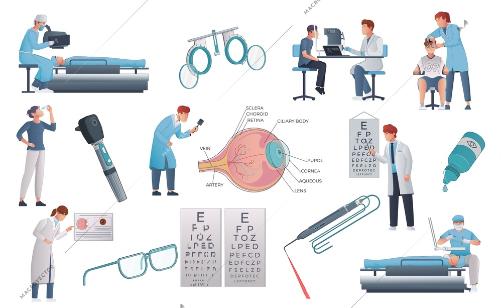 Vision correction flat icons set of doctors patients and equipment for laser surgery isolated vector illustration