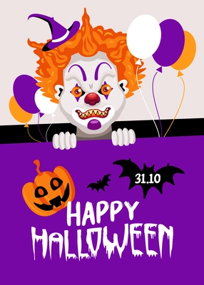 Clown halloween poster with vertical composition of scary clown head with hat balloons pumpkin and text vector illustration