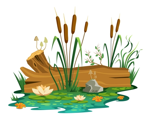 Swamp composition with isolated view of marsh with water lilac flowers stones mushrooms and wooden trunk vector illustration