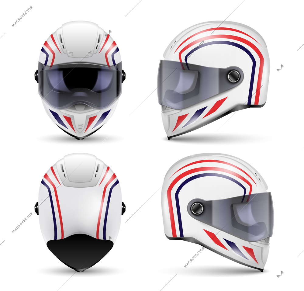 Set with realistic front and side view images of modern safety helmet with visors and artwork vector illustration