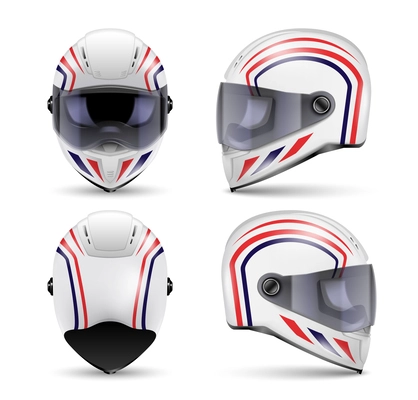 Set with realistic front and side view images of modern safety helmet with visors and artwork vector illustration