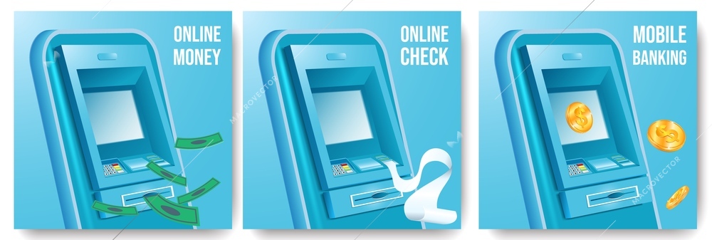 Atm machine mobile banking online money and check realistic set isolated vector illustration