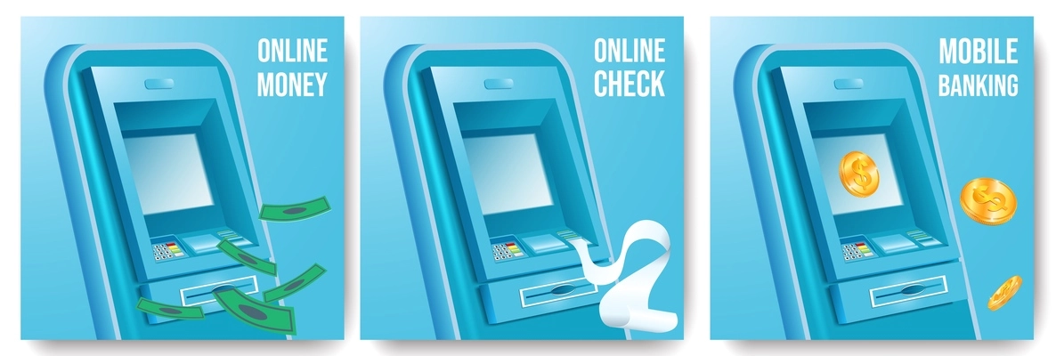 Atm machine mobile banking online money and check realistic set isolated vector illustration