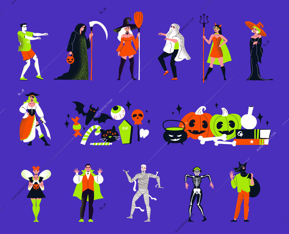 Flat set of halloween attributes and people wearing scary color costumes isolated on blue background vector illustration