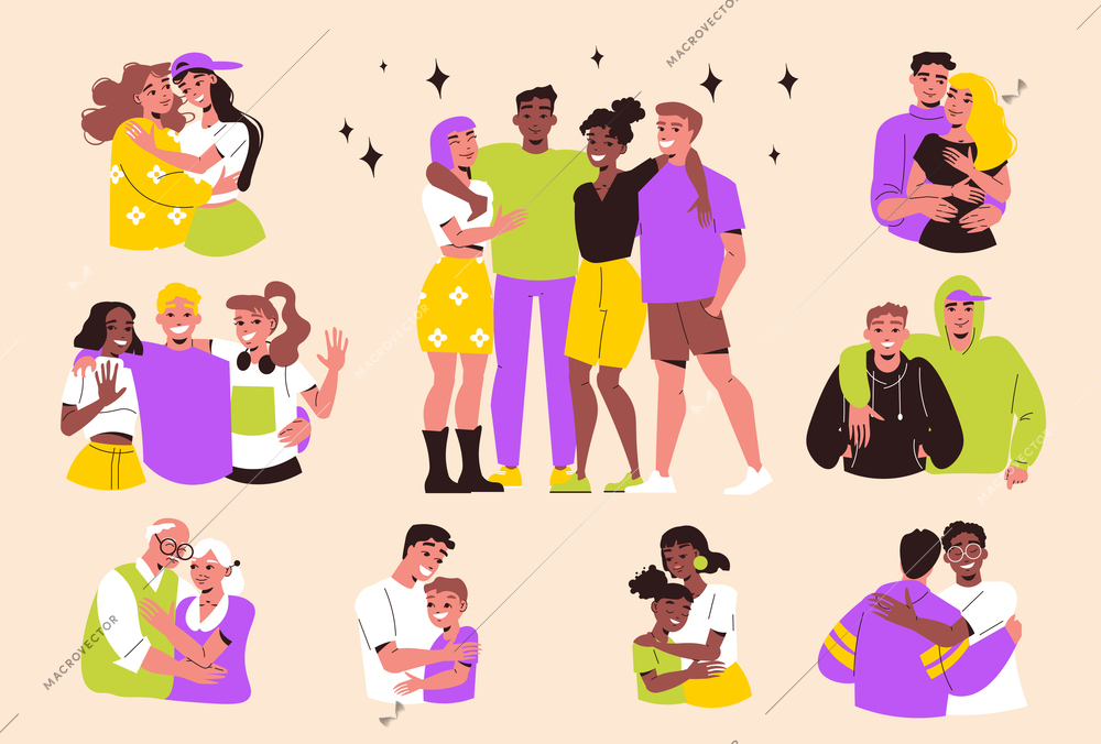 Hugging people flat set with young and elderly couples friends parents with children isolated on color background vector illustration