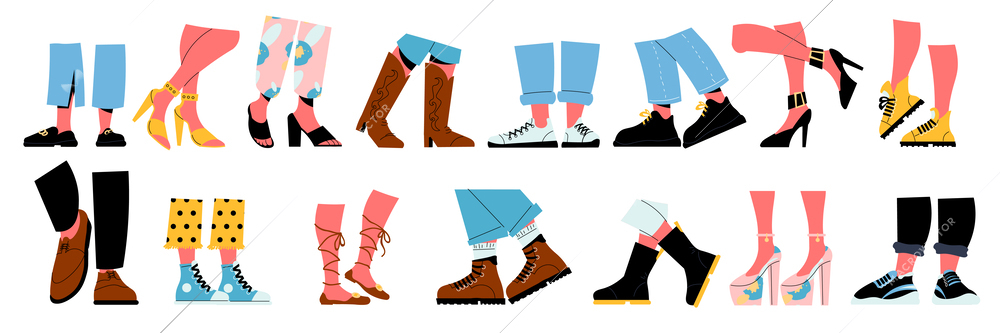 Human legs wearing shoes and boots in different styles flat set isolated vector illustration