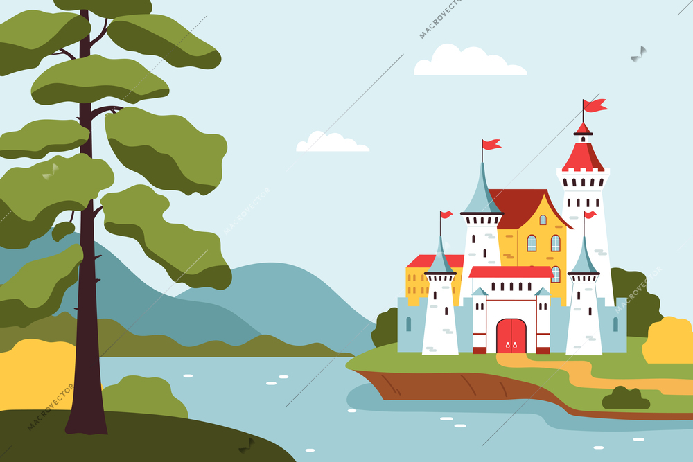 Kingdom landscape composition with outdoor scenery sky with clouds mountains river and castle with waving flags vector illustration