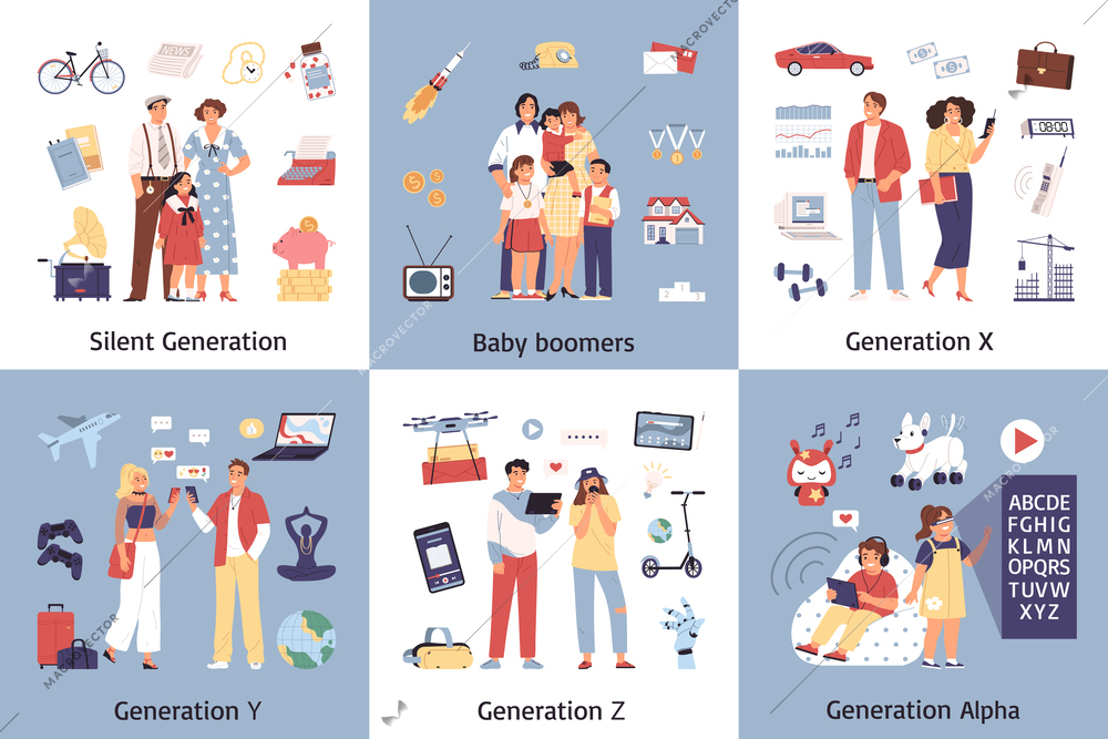 Generations set of six square compositions with isolated icons and doodle human characters representing certain generation vector illustration