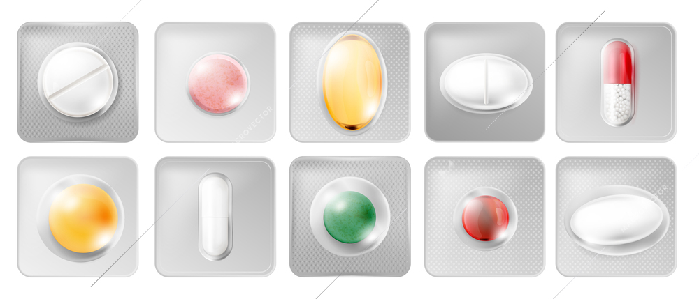 Set of isolated realistic images with top view of single pills and capsules in silver blisters vector illustration