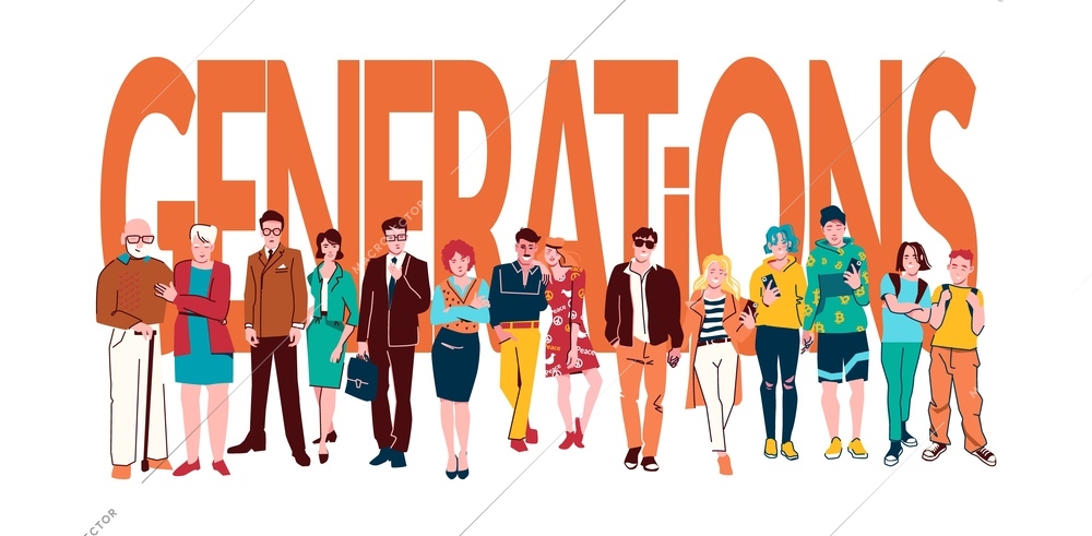 People generations header concept with big letters and representatives of different age categories small human characters flat vector illustration