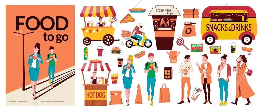 Food to go flat composition with ice cream cart fast food truck people walking and eating isolated vector illustration