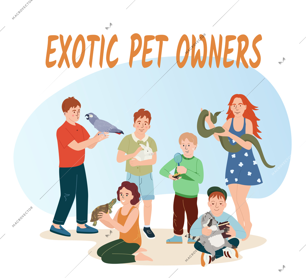 People with exotic pets flat composition of blank background ornate text and doodle people holding animals vector illustration