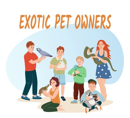 People with exotic pets flat composition of blank background ornate text and doodle people holding animals vector illustration