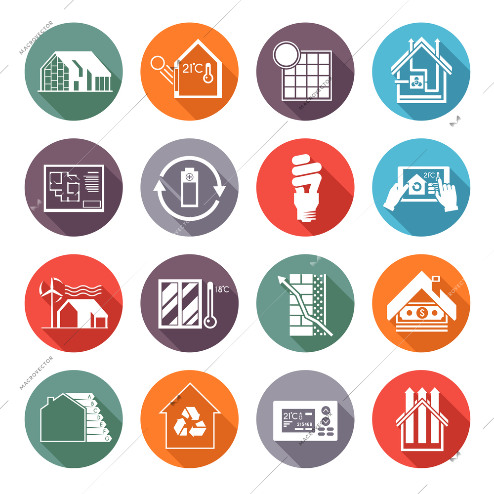 Energy saving house temperature and ventilation monitoring flat icons set isolated vector illustration