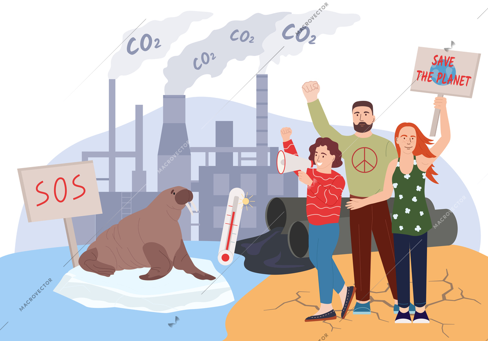 Animal activists flat composition with group of doodle protesters walrus on melting ice and smoky plant vector illustration