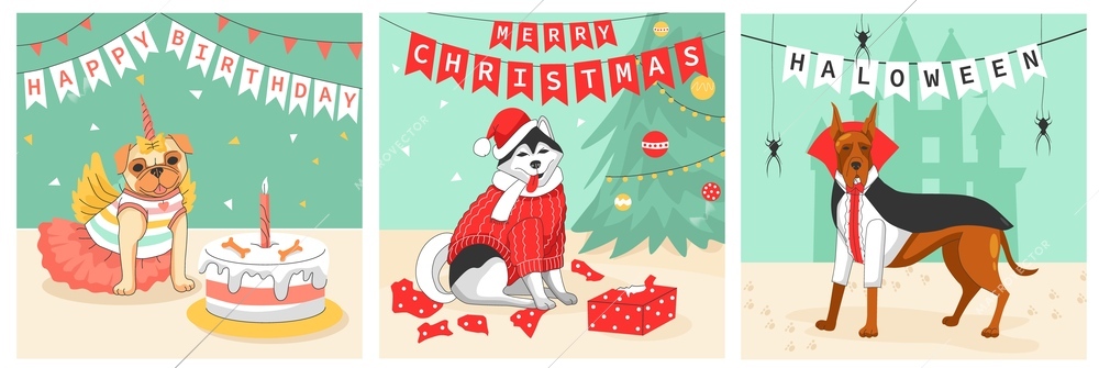 Dog clothes flat isolated posters with different breed of dogs dressed up for festive day vector illustration