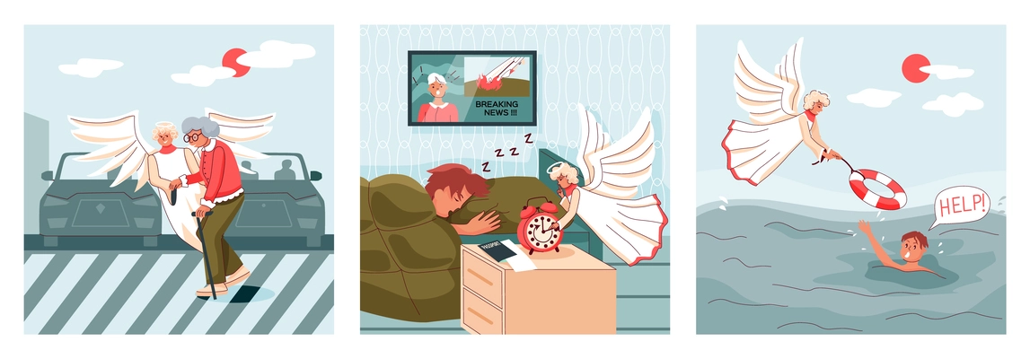 Angel help three isolated posters with biblical religious characters saving drowning and caring for disabled pedestrian flat vector illustration