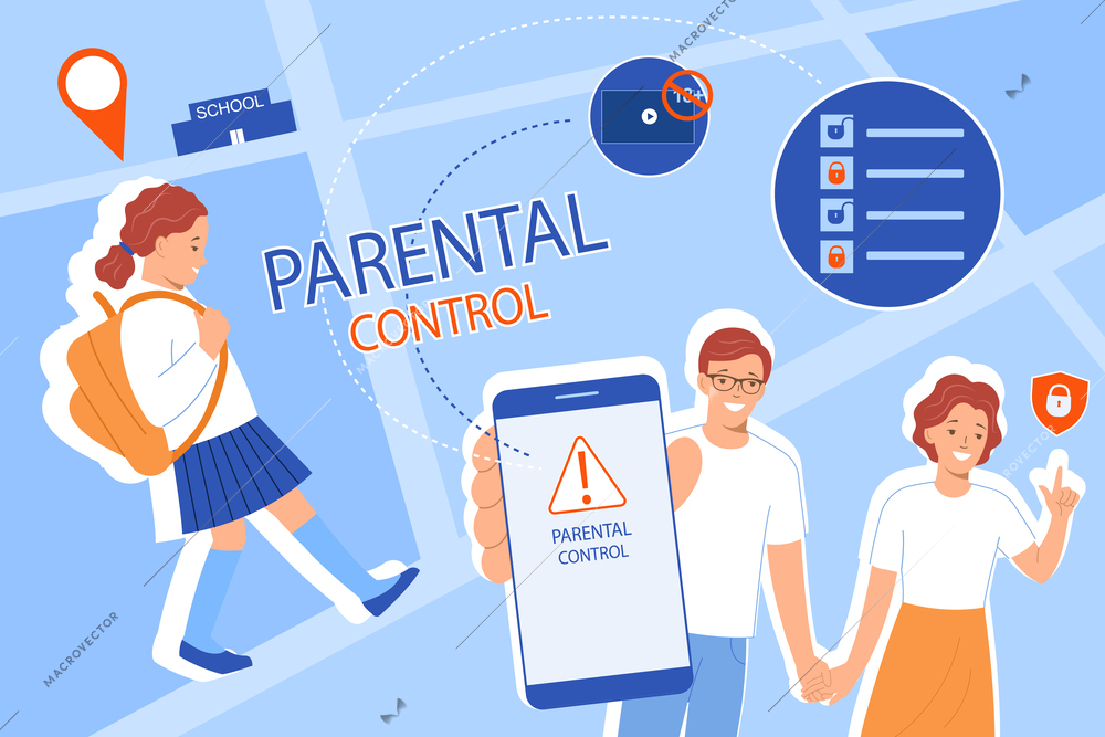 Parental control flat collage with parents tracking kid location on smartphone vector illustration