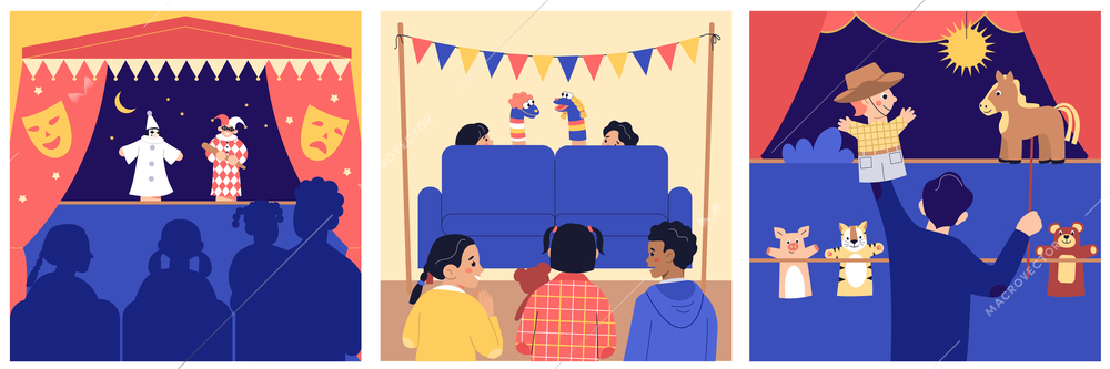 Puppet show theatre set with square compositions of theatrical performance with puppet actors and kids audience vector illustration