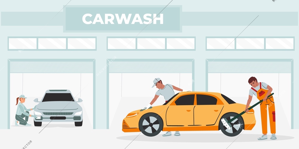 Car washing flat composition with view of carwash garage with human characters of workers doing job vector illustration