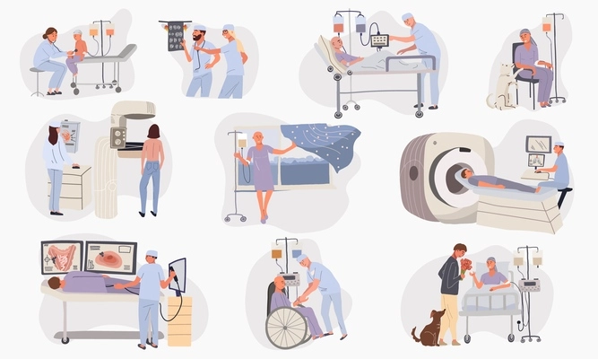 Cancer patient oncology flat set of isolated compositions showing scenes of sick patient getting doctors help vector illustration