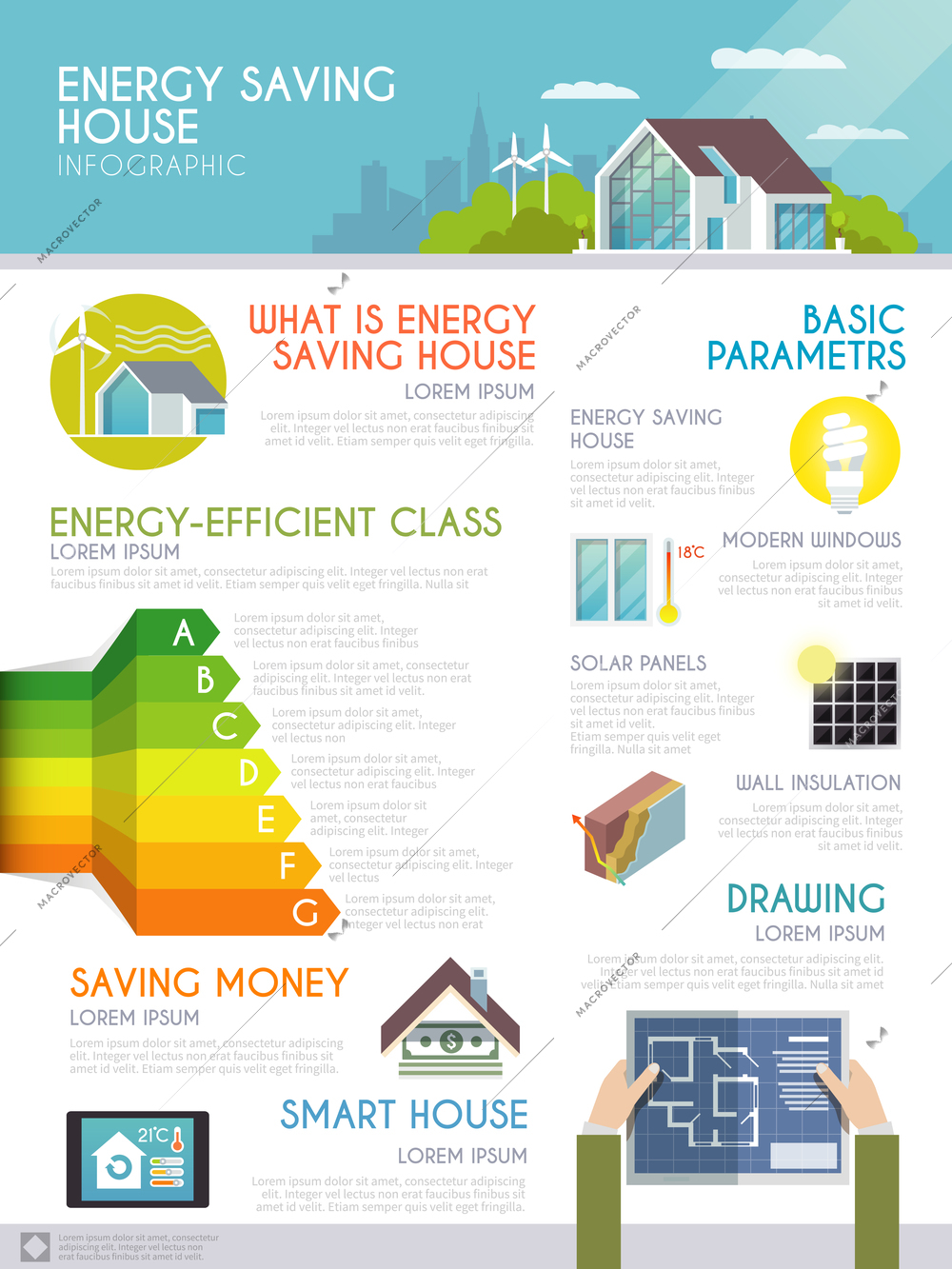 Energy saving house infographics set with smart home monitoring symbols and charts vector illustration