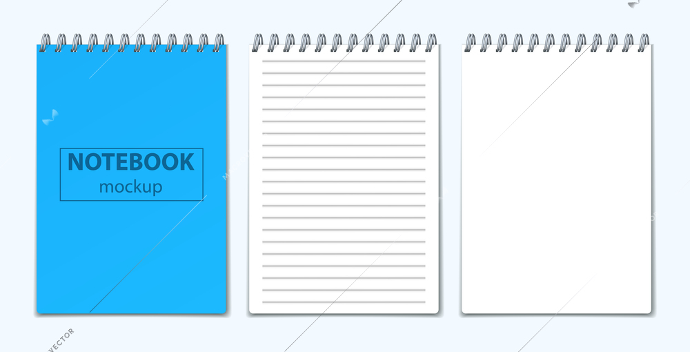 Open and closed notebook mockup set with realistic views of flipping notebook with cover and pages vector illustration