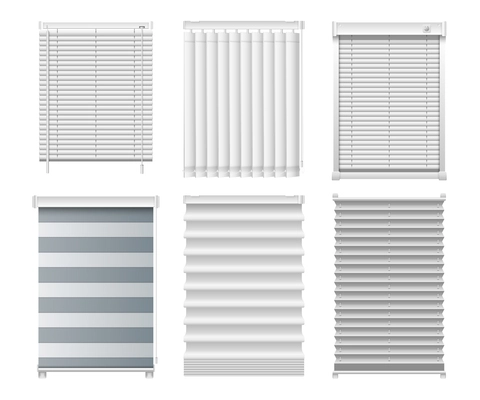 Realistic window blinds set of isolated images with modern interior blinds of various design and color vector illustration
