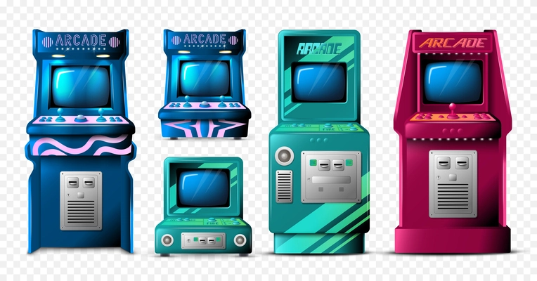 Realistic arcade game set on transparent background with isolated retro game playing machines of various design vector illustration