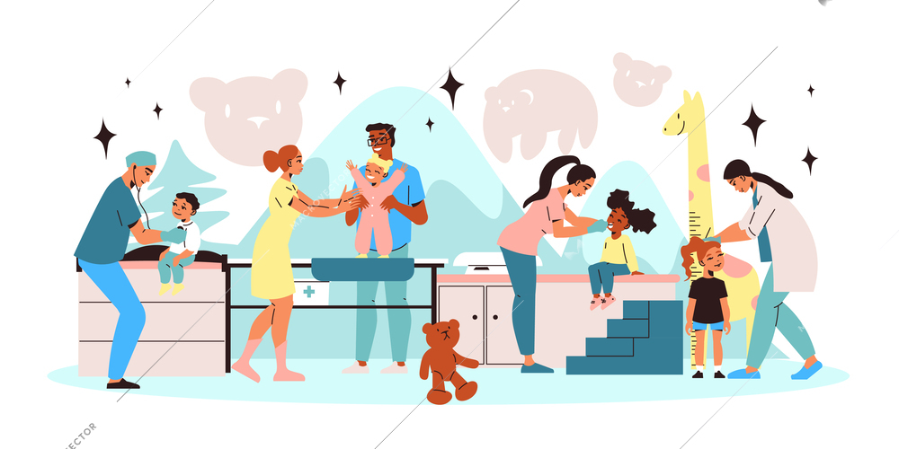 Pediatric room composition with smiling kind pediatricians examining children flat vector illustration