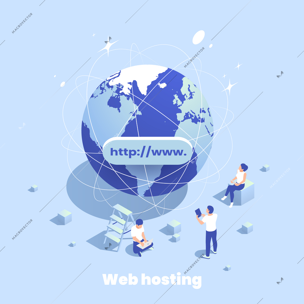 Web hosting icons isometric composition of editable text and image of earth globe with human characters vector illustration