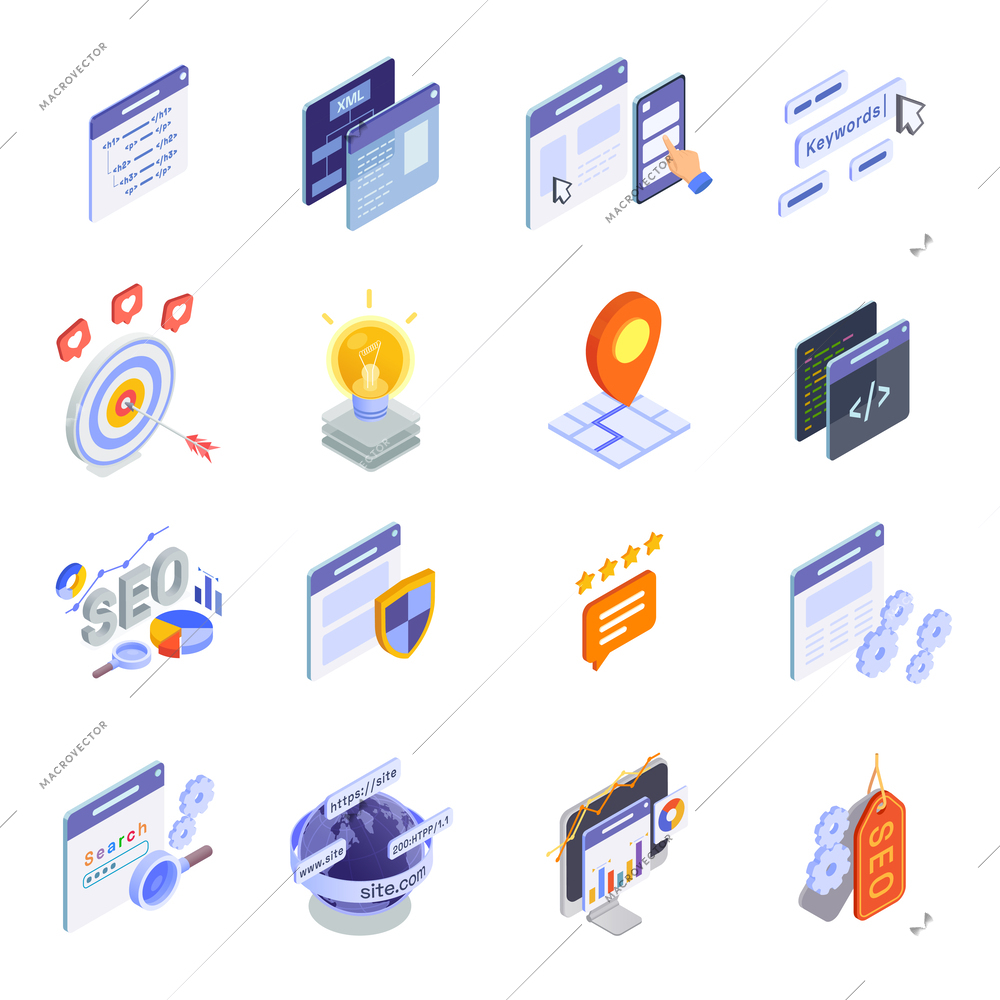 Seo search engine optimization isometric set with isolated icons of social network pictograms code on screens vector illustration