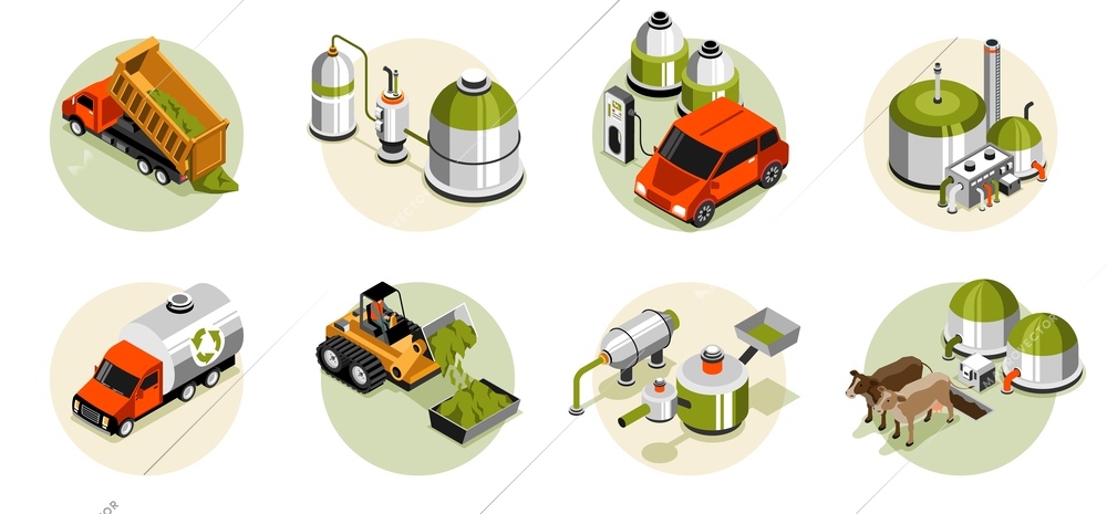 Biogas isometric round compositions depicting raw biomass and livestock byproducts as sources of biofuel isolated vector illustration