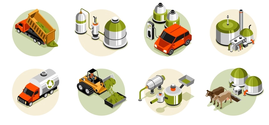 Biogas isometric round compositions depicting raw biomass and livestock byproducts as sources of biofuel isolated vector illustration