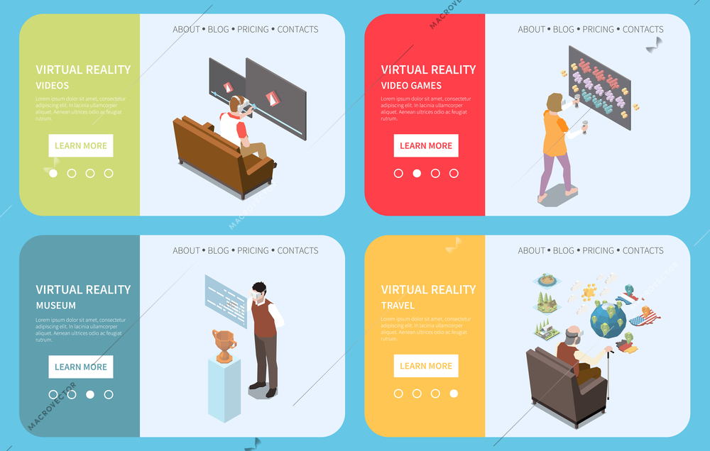 Virtual augmented reality isometric set of four horizontal banners with learn more buttons and editable text vector illustration