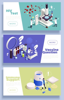 Aids immunodeficiency hiv test vaccine question immune support isometric banners set isolated vector illustration