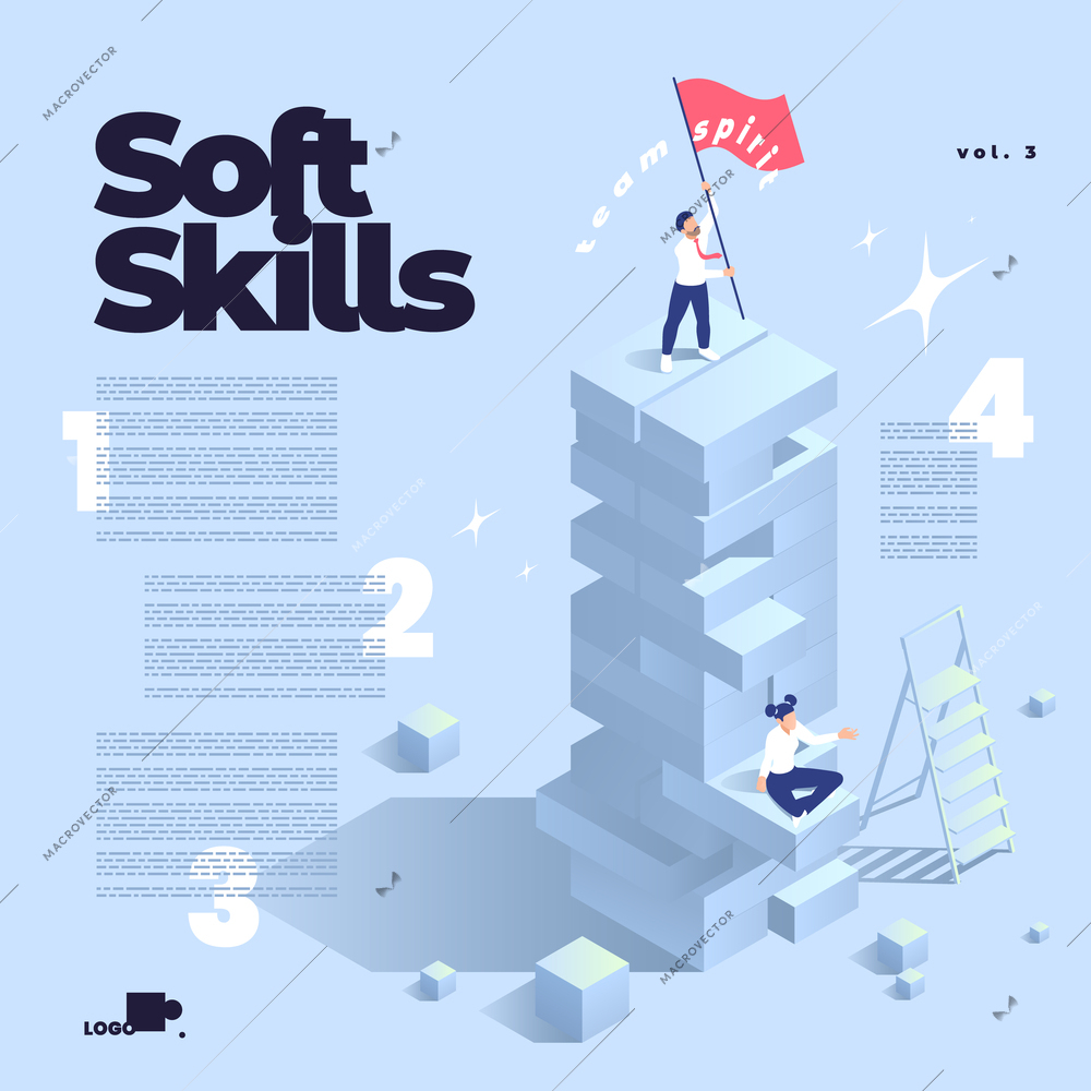 Soft skills isometric infographic poster template with human characters on color background vector illustration