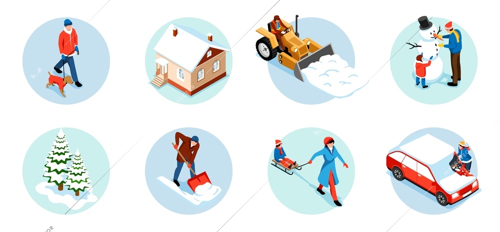 Winter city isometric round compositions with snow plow family sculpting snowman snow covered houses and cars isolated vector illustration