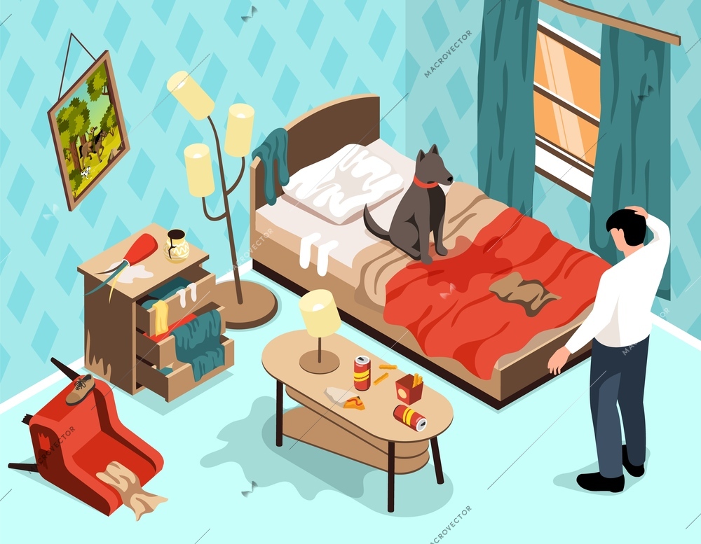 Puppy behavior problem isometric background with owner looking at doggy pet sitting on bed in messy room vector illustration