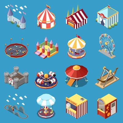 Amusement park isometric set of isolated icons with traveling circus big tops junk food stalls attractions vector illustration