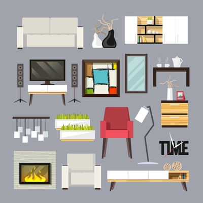 Living room furniture decorative icons set with sofa bookshelf tv table isolated vector illustration