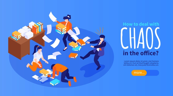 Isometric office chaos horizontal banner with text and crawling people throwing books and papers in air vector illustration