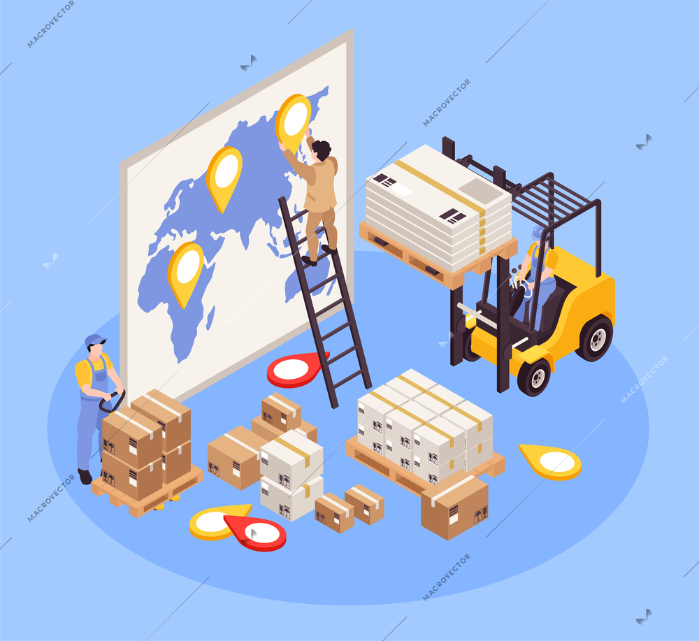 Isometric cargo composition with parcels on pallets forklift warehouse workers attaching location pins to world map vector illustration