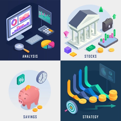 Business investment isometric set with financial management symbols isolated vector illustration