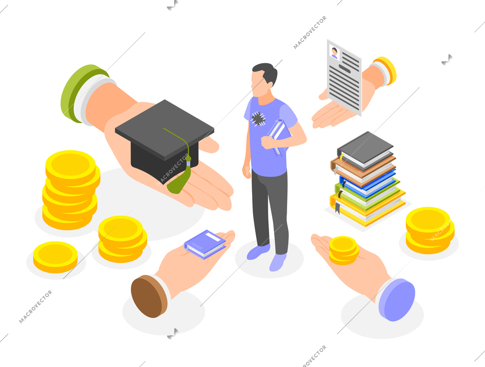 Social insurance isometric composition with poor man getting welfare for education vector illustration