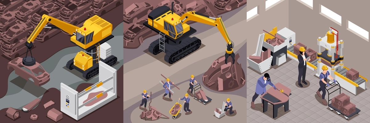 Scrap metal set with garbage and conveyor symbols isometric isolated vector illustration