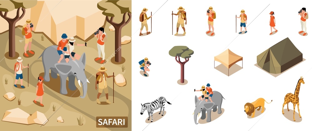 Safari tourist composition with sightseeing and exploration symbols isometric isolated vector illustration