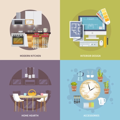 Kitchen furniture design concept set with modern interior accessories flat icons isolated vector illustration