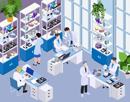 Earth sciences geology petrology seismology volcanology isometric composition with indoor view of laboratory with working places vector illustration