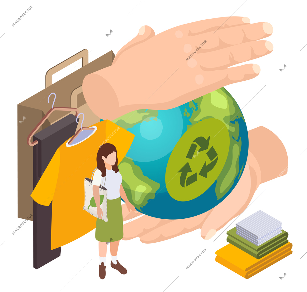 Sustainable clothes slow fashion isometric composition with human hands holding earth globe with garments recycle sign vector illustration